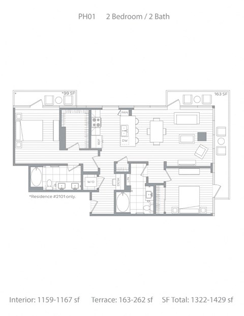 Floor plan for 2 beds, 2 baths, 1376 sqft